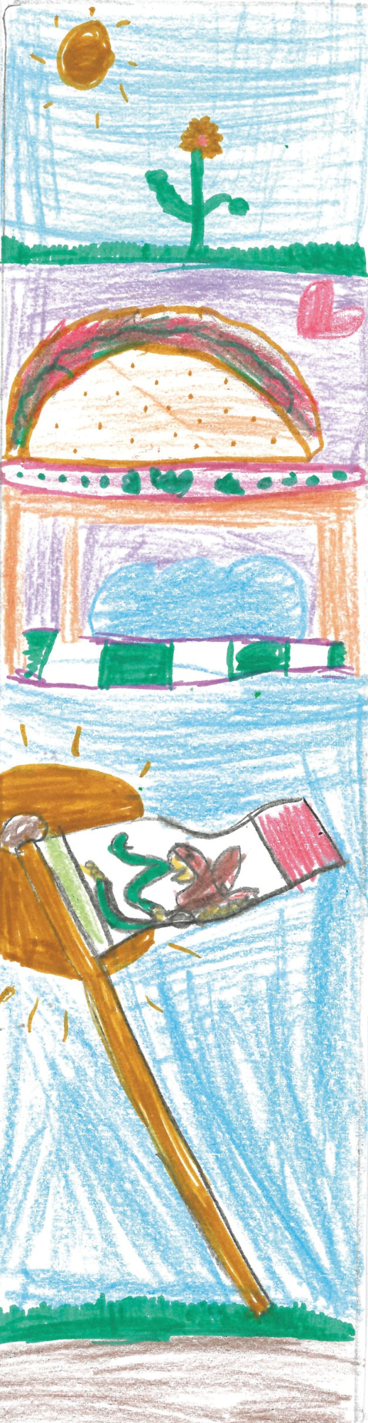 A large Mexican flag waves above a grandmother and child baking together in a kitchen, with an American flag below representing family and cultural heritage.