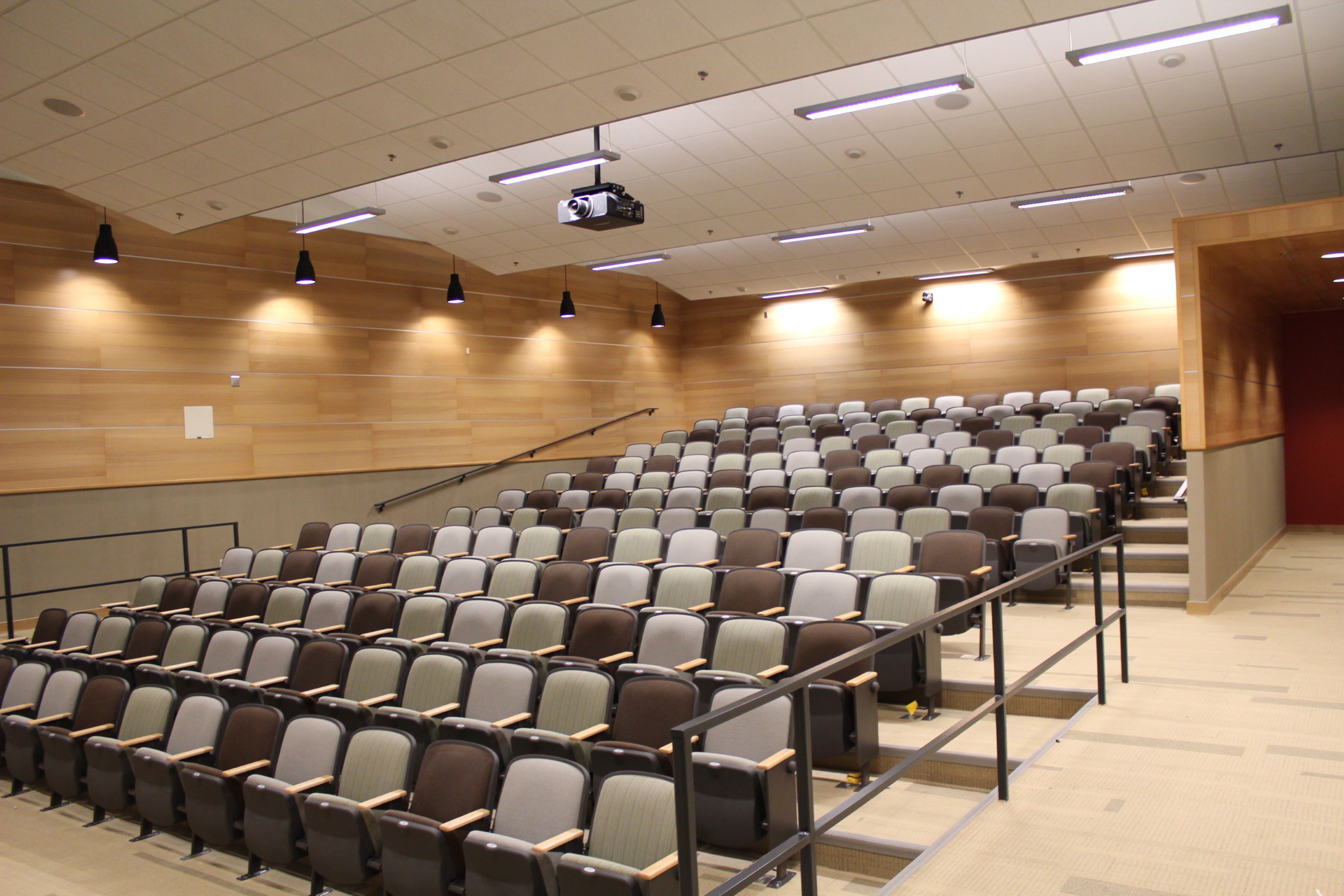 Rows of auditorium seating at Main Library designed for presentations, performances, films, and community events.