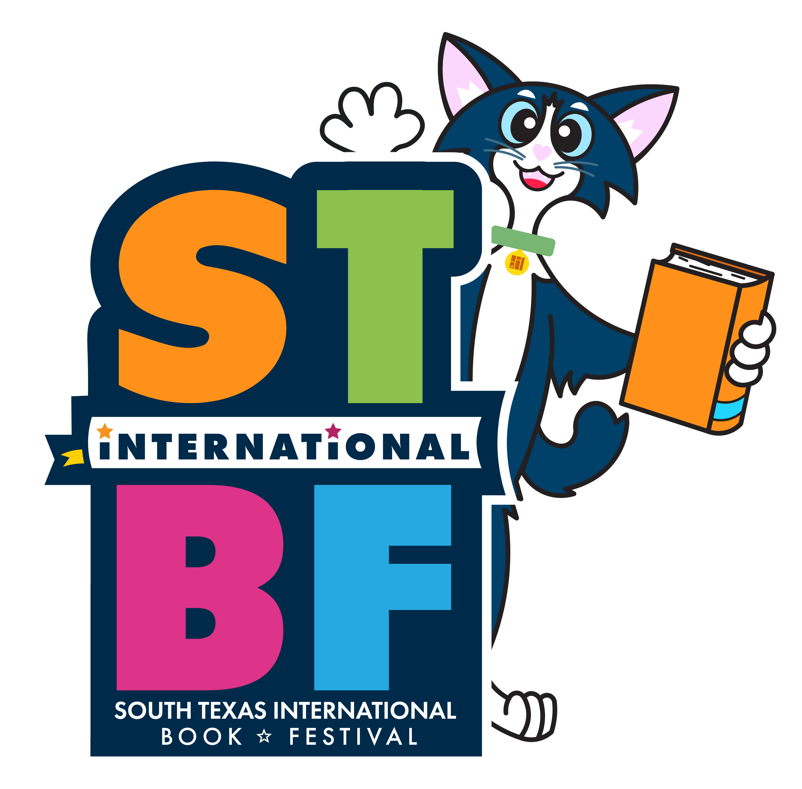 South Texas International Book Festival logo with colorful STIBF lettering and Marty the Library Cat holding a book.