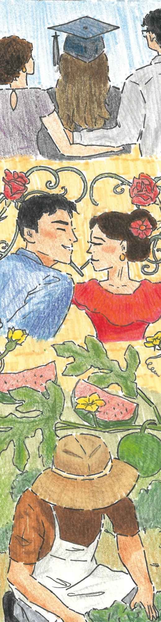A series of scenes showing family milestones, including graduation, traditional dancing, gardening, and harvesting, connected by flowers and vines.