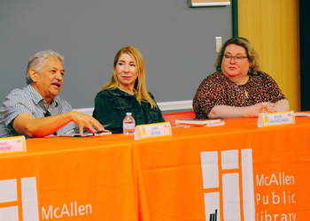 Three panelists speak during a Local Author Showcase discussion in 2025 at McAllen Public Library.