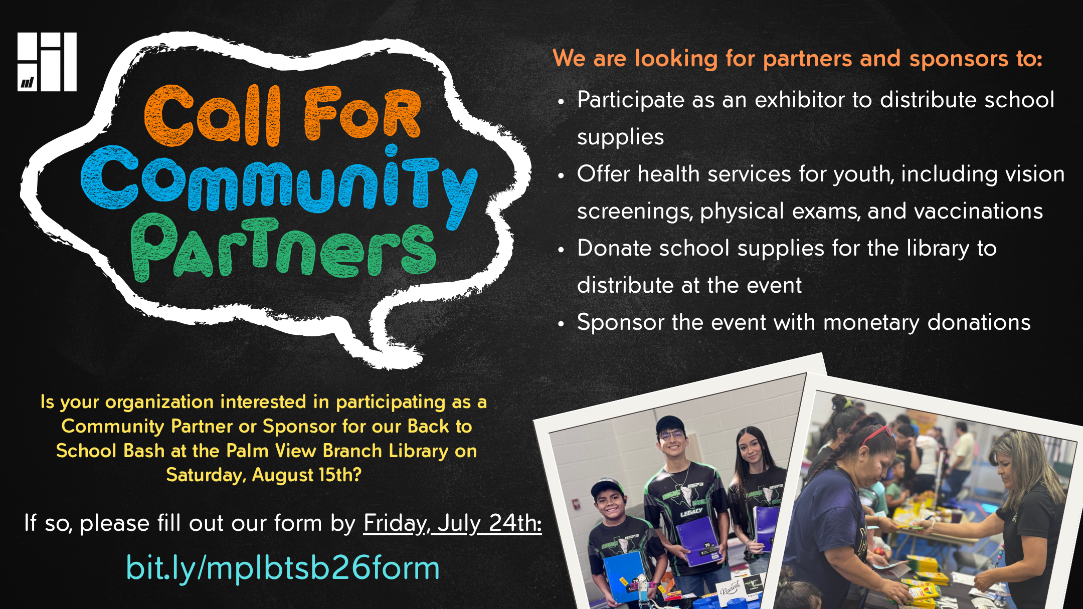 Graphic inviting community partners and sponsors to participate in the Back to School Bash at Palm View Branch Library by distributing school supplies, offering youth health services, donating supplies, or sponsoring the event.